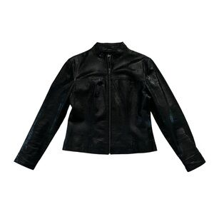 Vintage Rafaella Women's Black Leather Crocodile Print Moto Biker Jacket Size 6